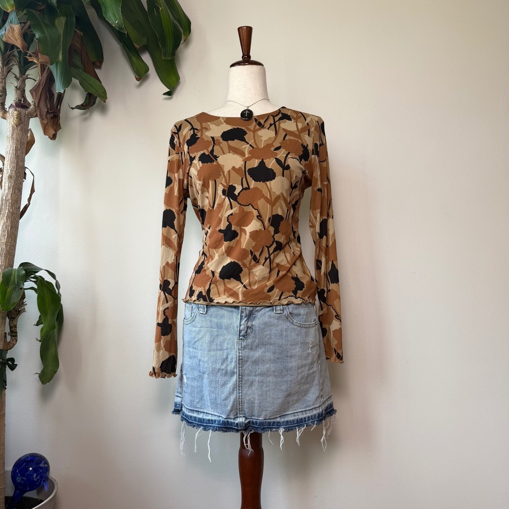 90s Brown Floral Mesh Long Sleeve Lettuce Hem  INC International Concepts Medium